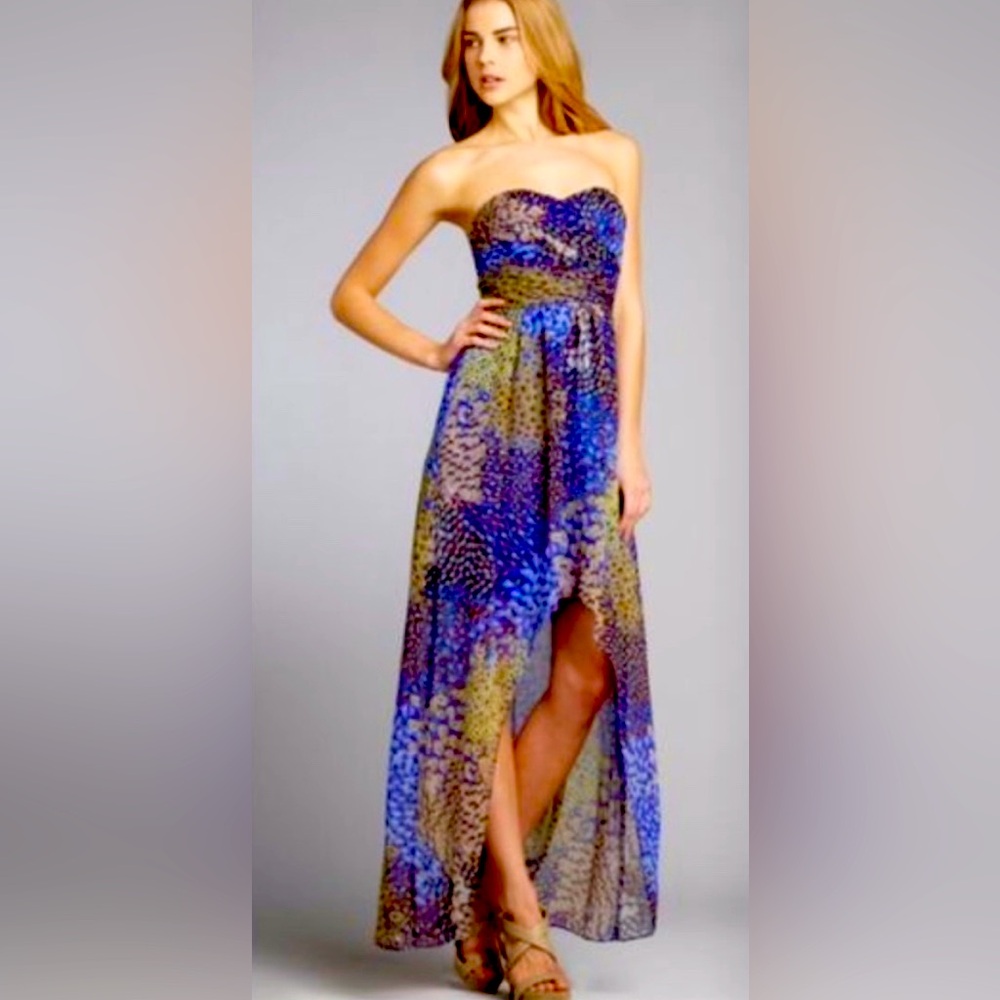 Max & Cleo strapless maxi high low peacock print dress size 10 like new cond
